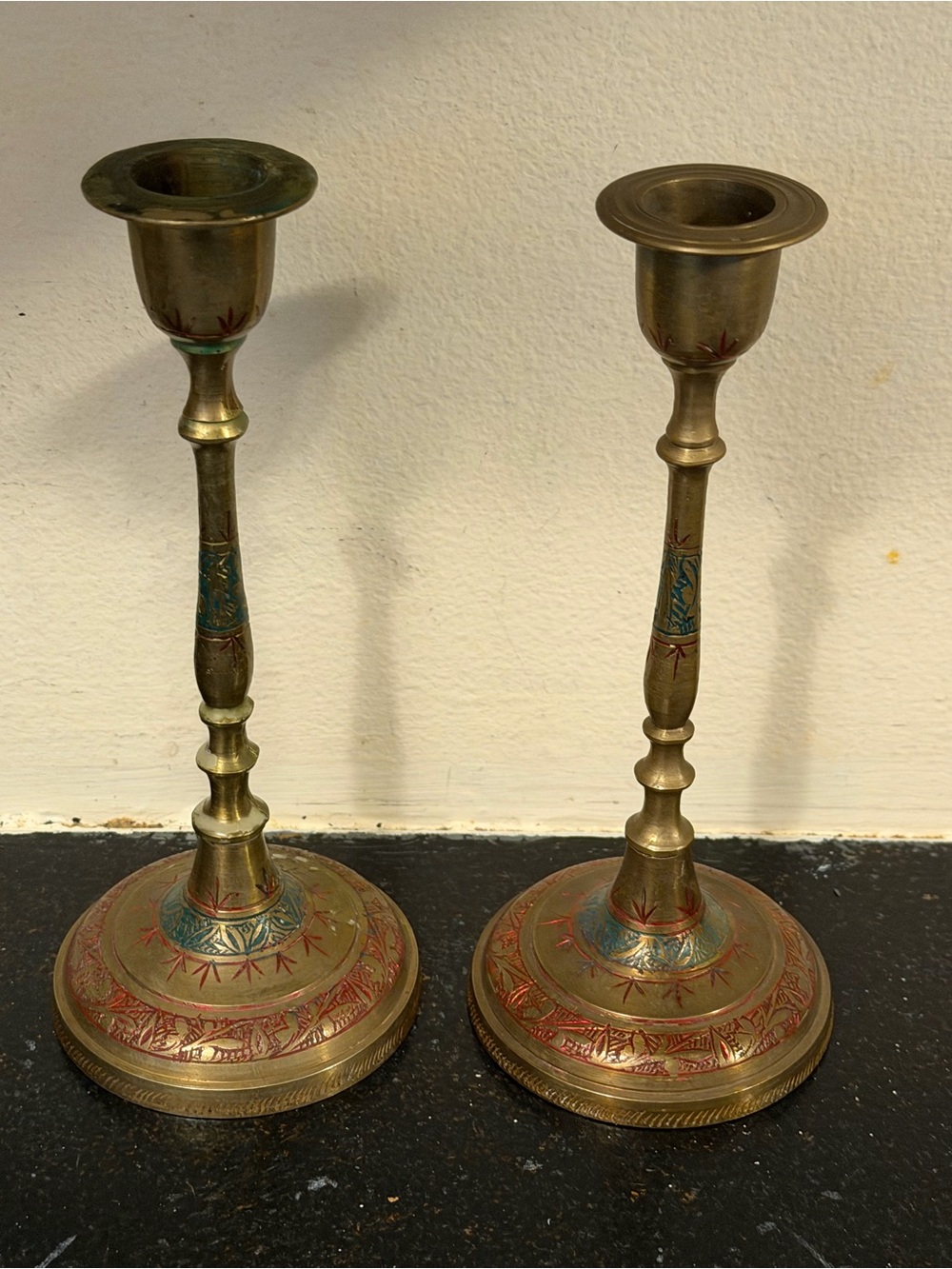 Indian Brass Candlesticks Pair Decorative Etched 6.75 Inch